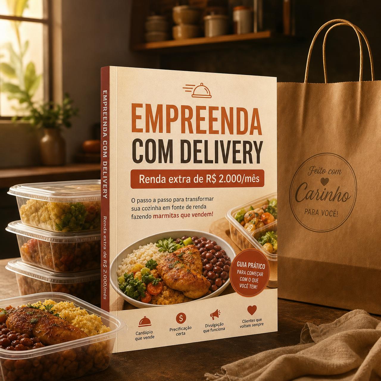 eBook Empreenda com Delivery ao lado de marmitas caseiras e sacola de entrega